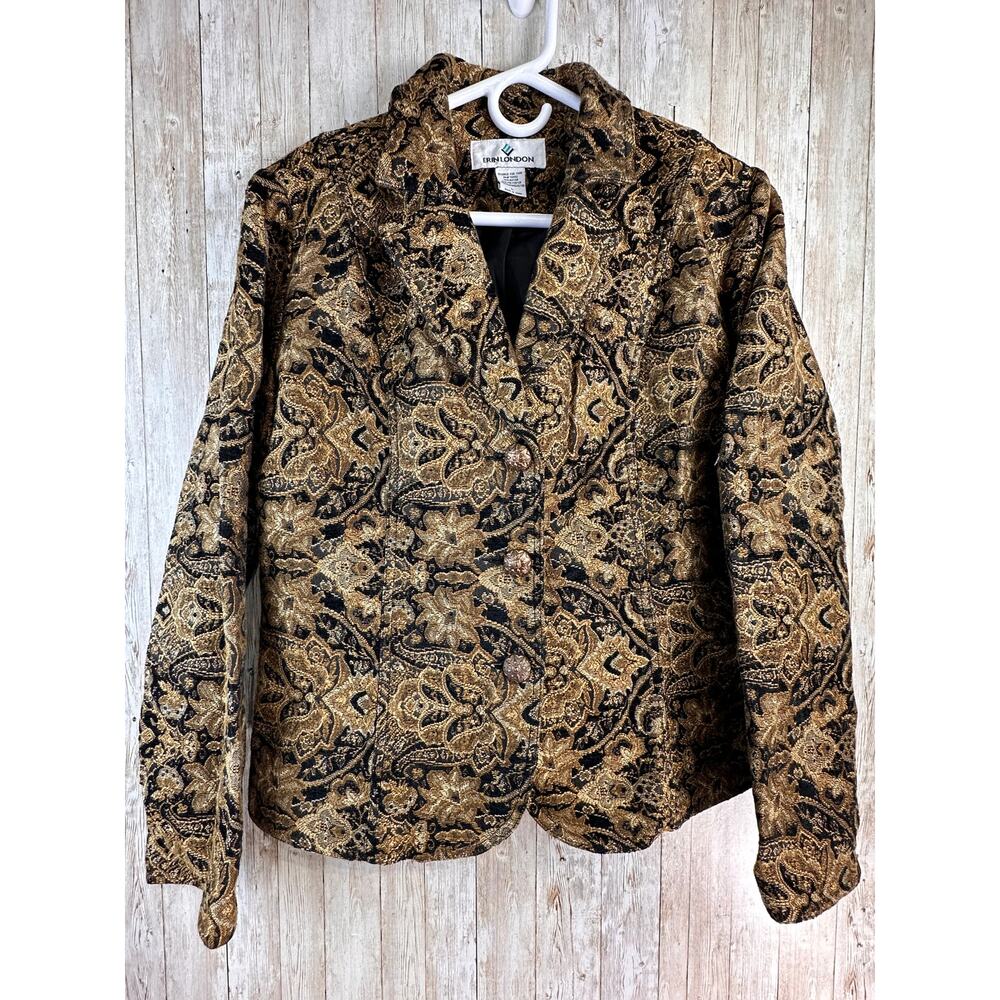 Erin London Vintage Tapestry Jacket L Gold Black Floral Paisley Velvet Blazer